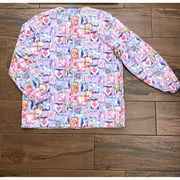 WOMENS SCRUBS JACKET Breast Cancer Scrubs Pink Ribbons Hearts Butterflies SIZE S - Picture 8 of 8